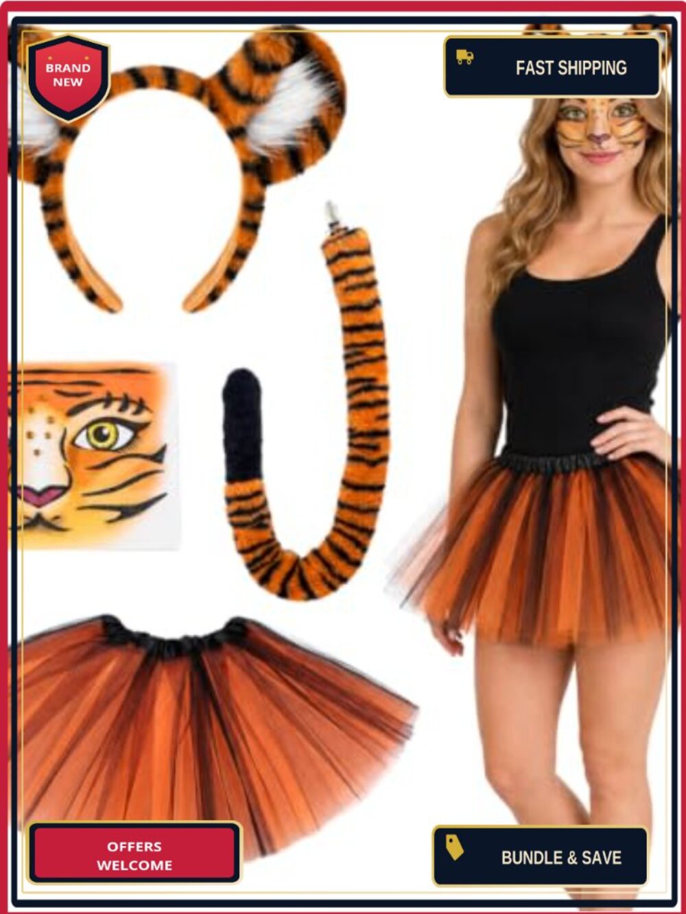 Tiger Costume Accessory Set 4 Pc Headband Tail Tutu Stickers